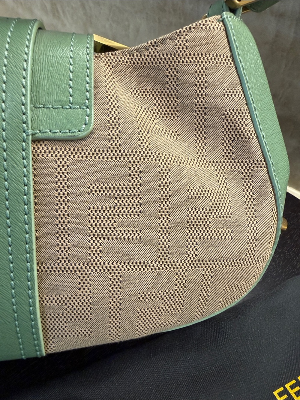 Fendi Zucca Mint Green and Beige Canvas Leather Baguette Shoulder Bag with Belt - Picture 7 of 9